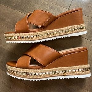 BCBG brown and gold wedge sandals - size 11